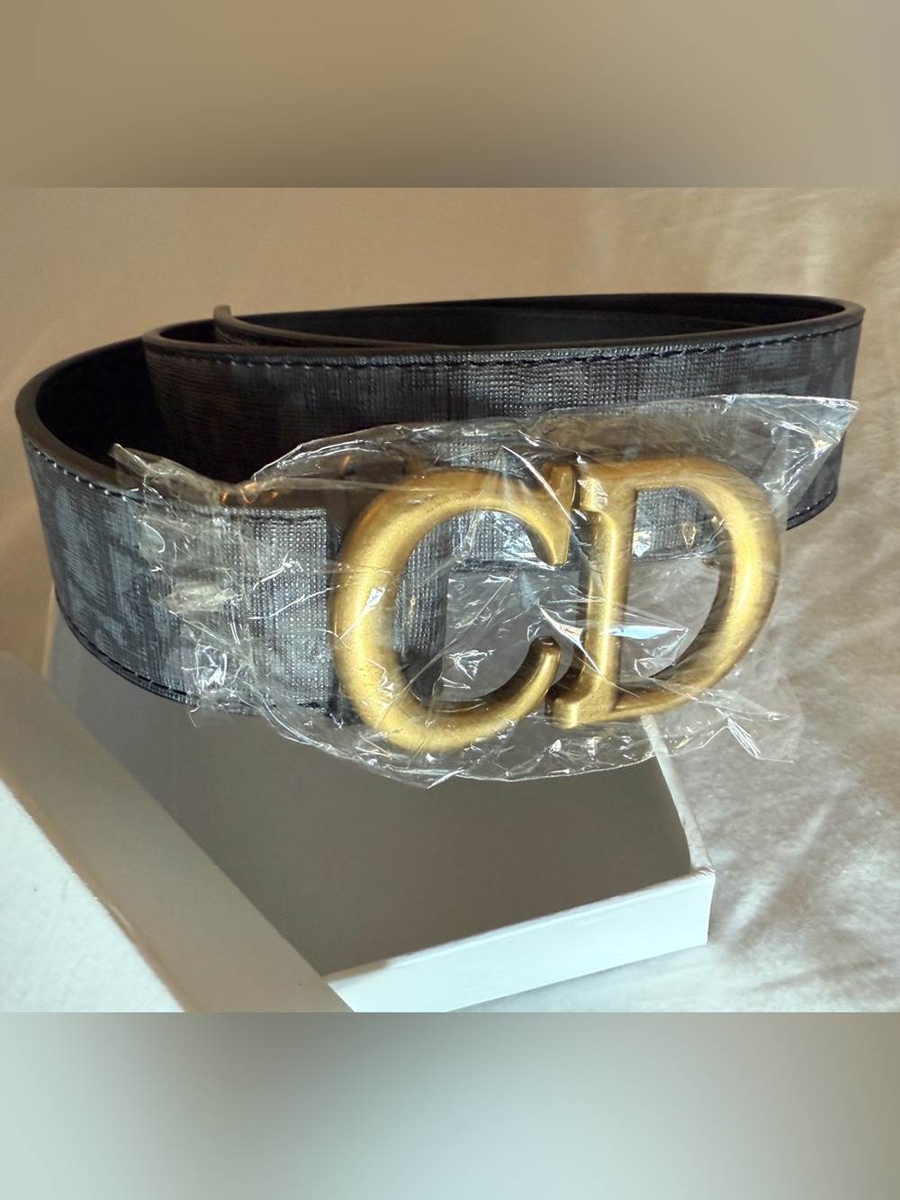 CD-Style Black Leather Belt with Gold Buckle Logo 42” Across 107 cm New